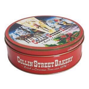 Collin Street Bakery Red Holiday Empty Tin 2.5" Tall x 8" Round Since 1896
